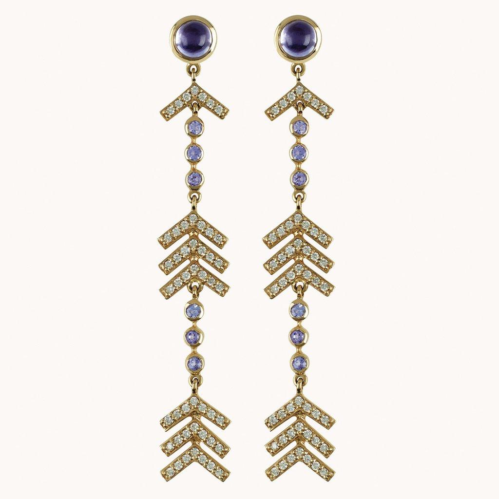 Contemporary Marlo Laz Pave Diamond, Tanzanite, Iolite Long Arrow Evening Statement Earrings