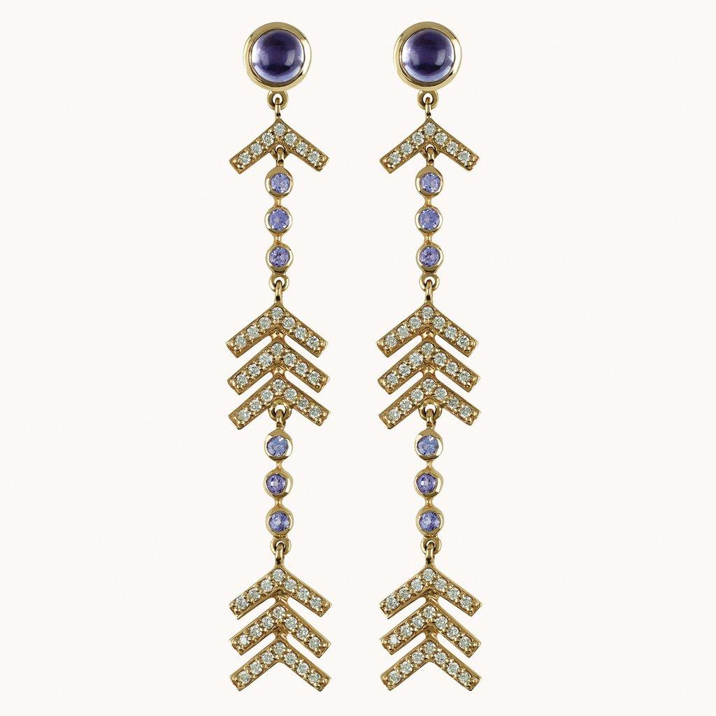 Contemporary Marlo Laz Pave Diamond, Tanzanite, Iolite Long Arrow Evening Statement Earrings For Sale