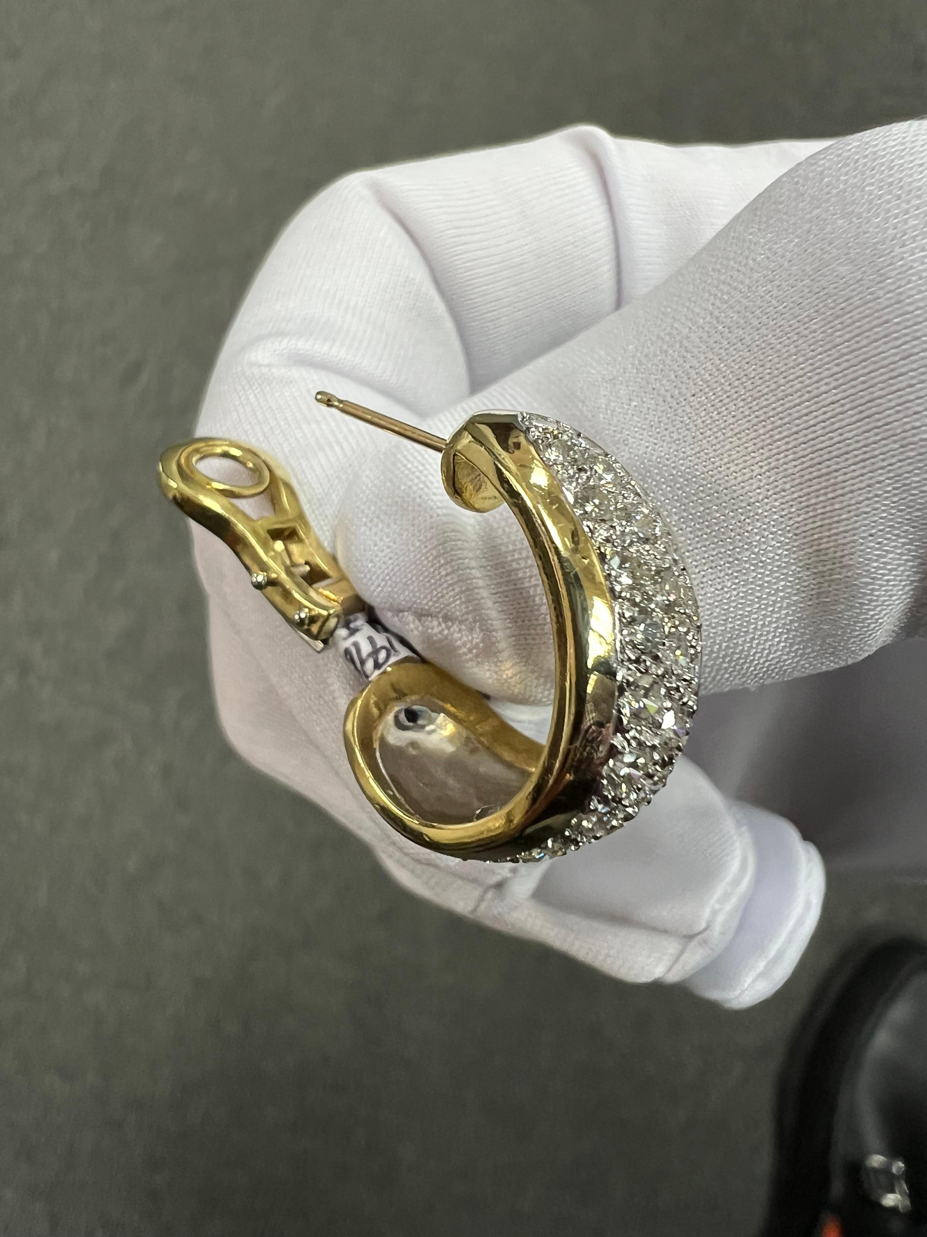 Pave Diamond Tapered 18k Gold J Hoop Earrings For Sale 11