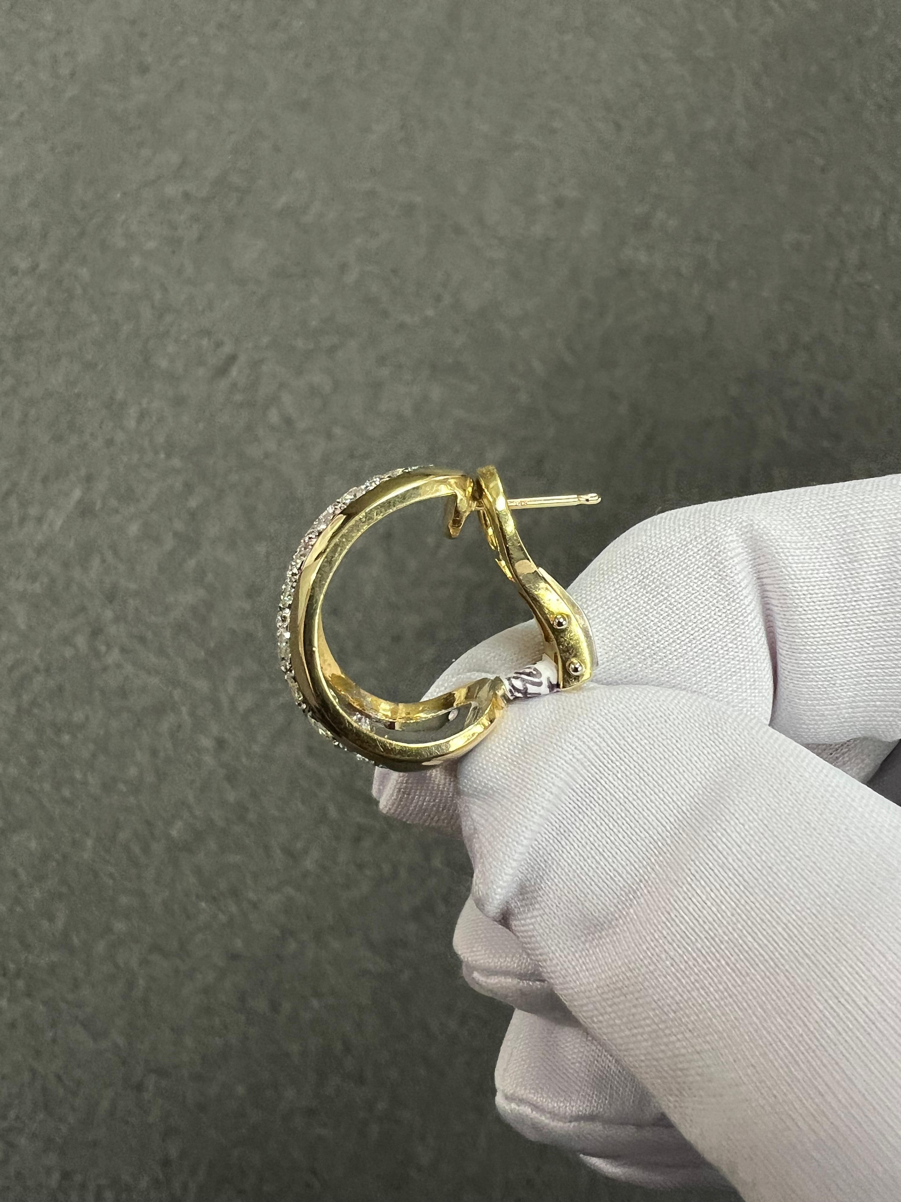 Pave Diamond Tapered 18k Gold J Hoop Earrings For Sale 13