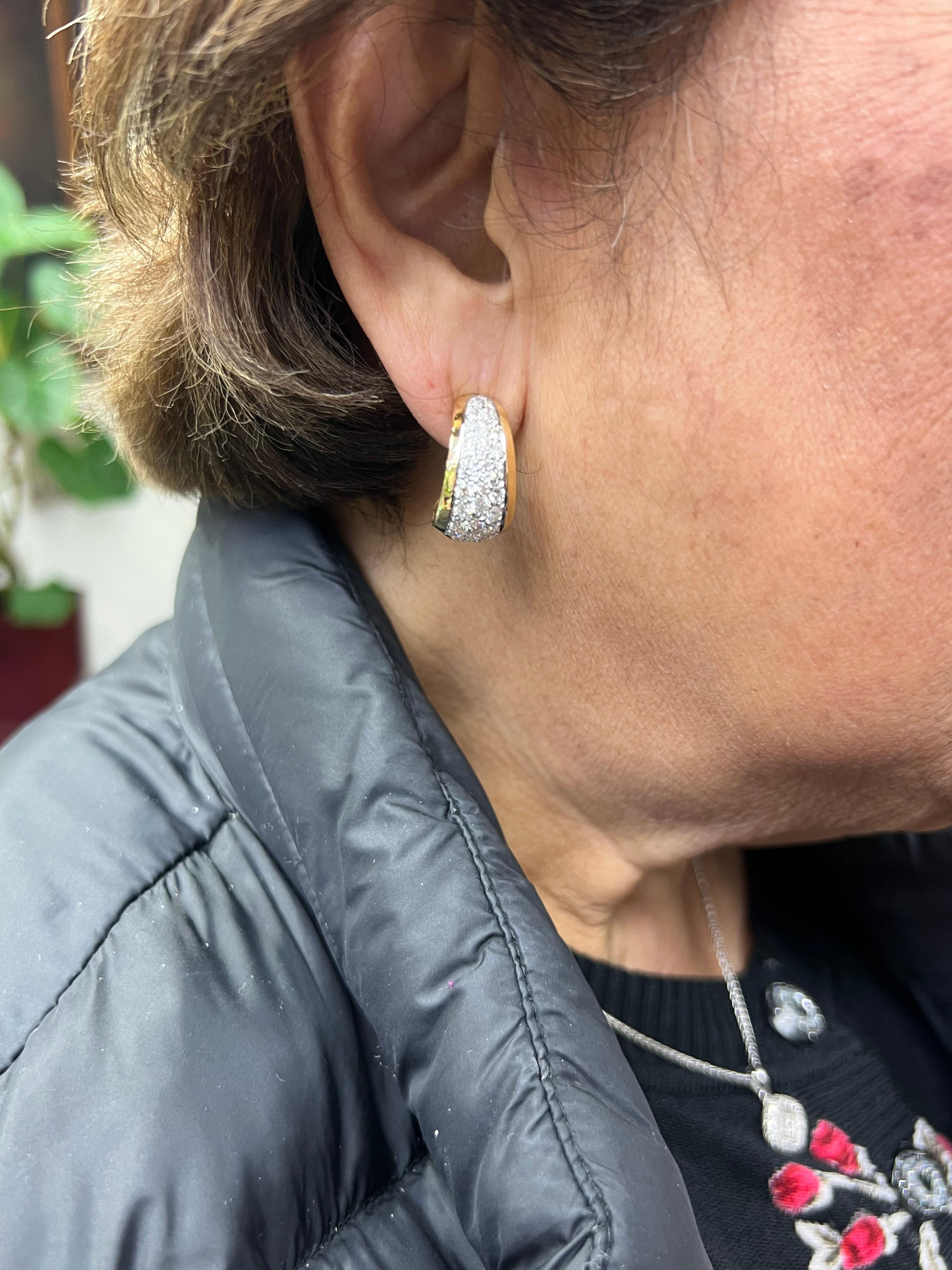Contemporary Pave Diamond Tapered 18k Gold J Hoop Earrings For Sale
