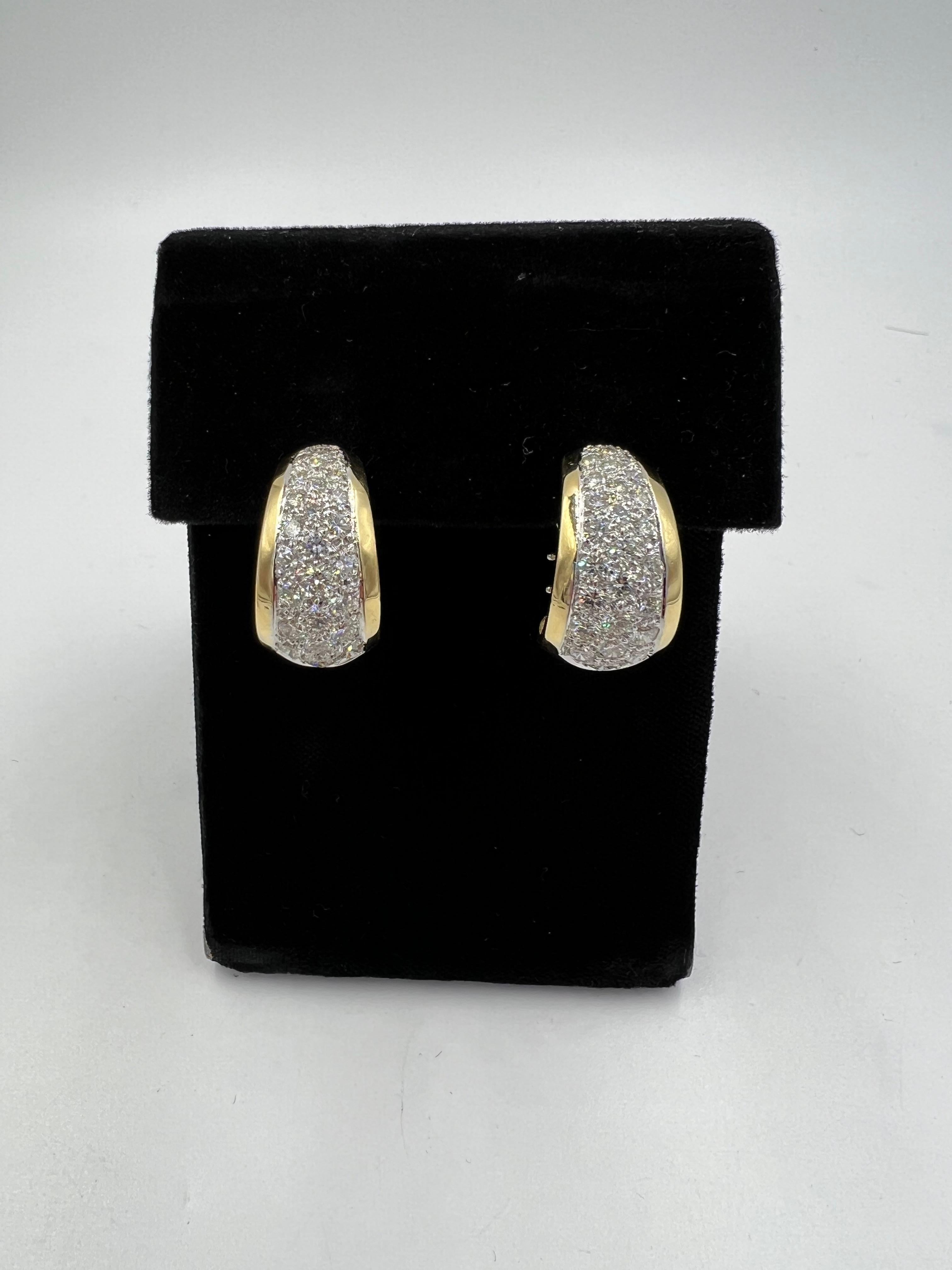 Round Cut Pave Diamond Tapered 18k Gold J Hoop Earrings For Sale