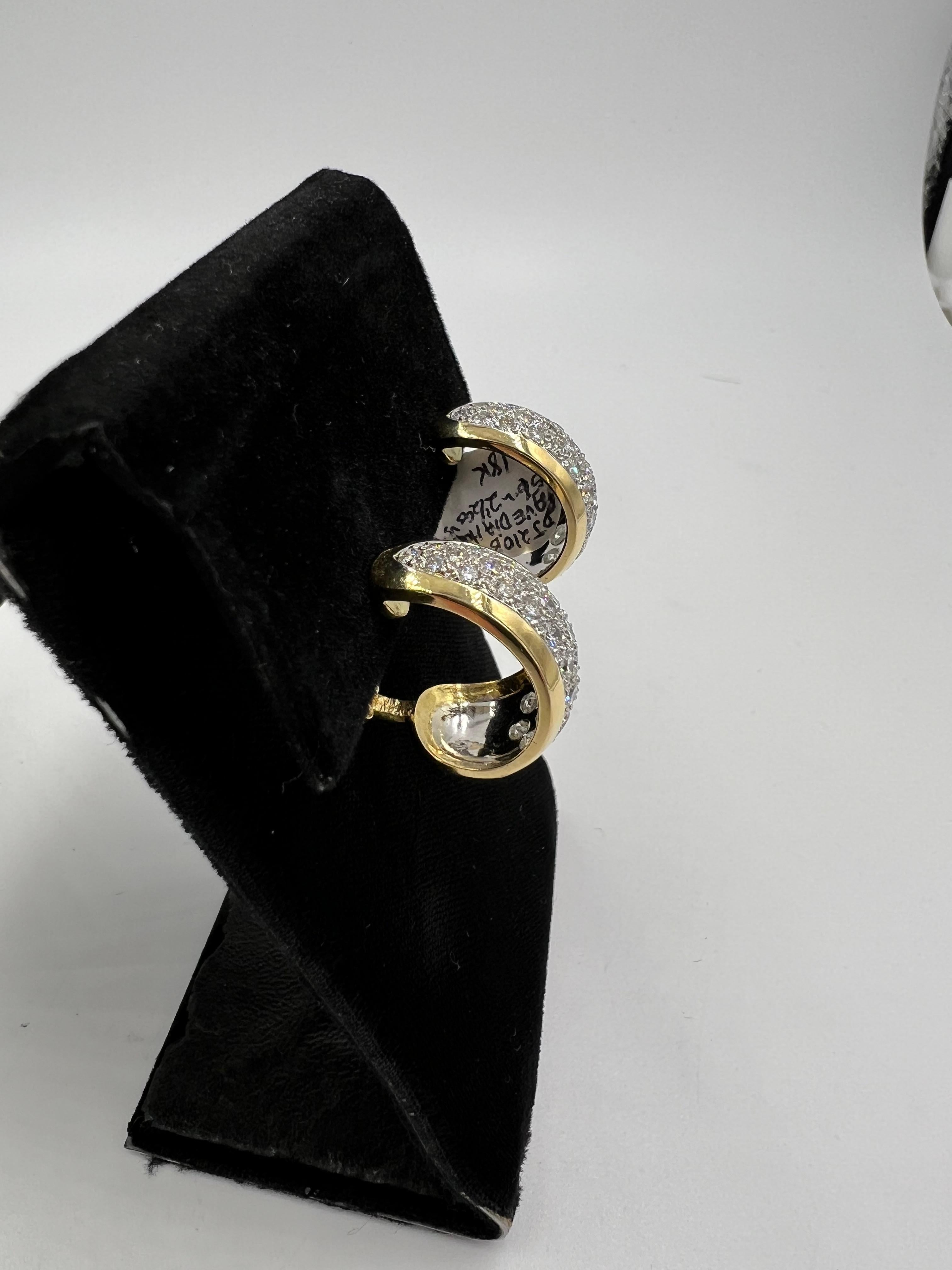 Women's or Men's Pave Diamond Tapered 18k Gold J Hoop Earrings For Sale