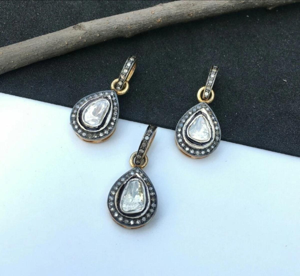 Ciondolo a goccia con diamante Pave in argento 925 Rosecut Diamond Dainty Pendant Gift. in vendita 4