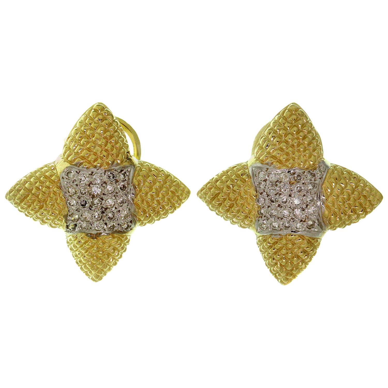 Pave Diamond Textured Yellow Gold Star Earrings For Sale