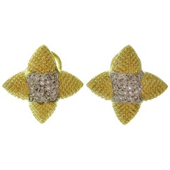 Vintage Pave Diamond Textured Yellow Gold Star Earrings