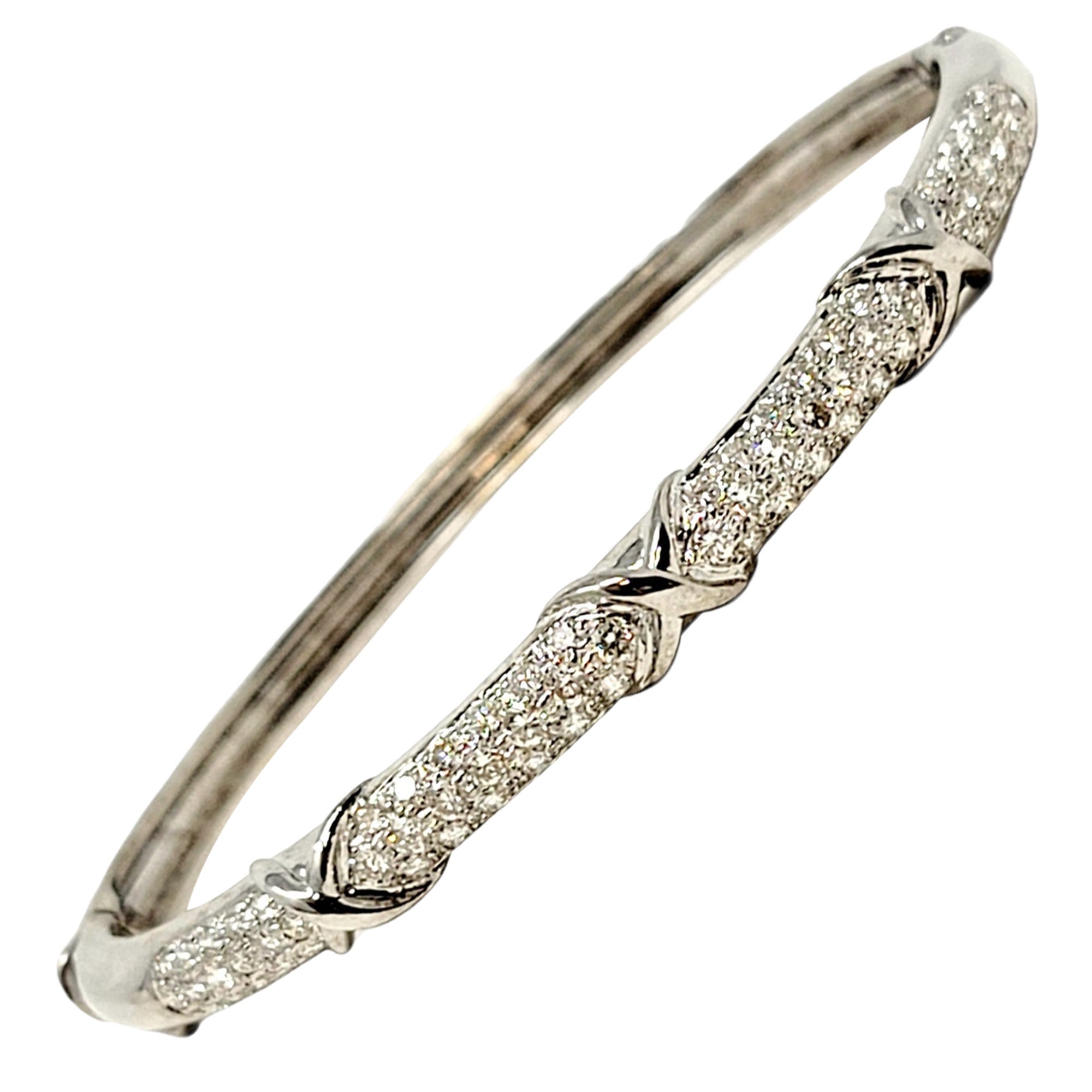 Pave Diamond Three 
X
 Station Hinged Bangle Bracelet 18 Karat White Gold