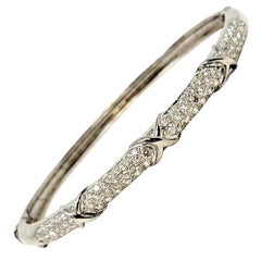 Pave Diamond Three 
X
 Station Hinged Bangle Bracelet 18 Karat White Gold