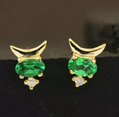 Pave Diamond Tiny Earring 14k Gold Tsavorite Garnet Handmade Fine Earring Gift.