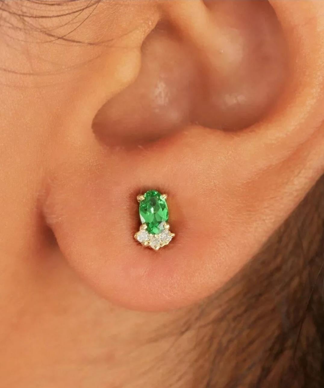 Art Deco Pave Diamond Tiny Stud Earring 14k Gold Tsavorite Garnet Minimalist Earring Gift For Sale