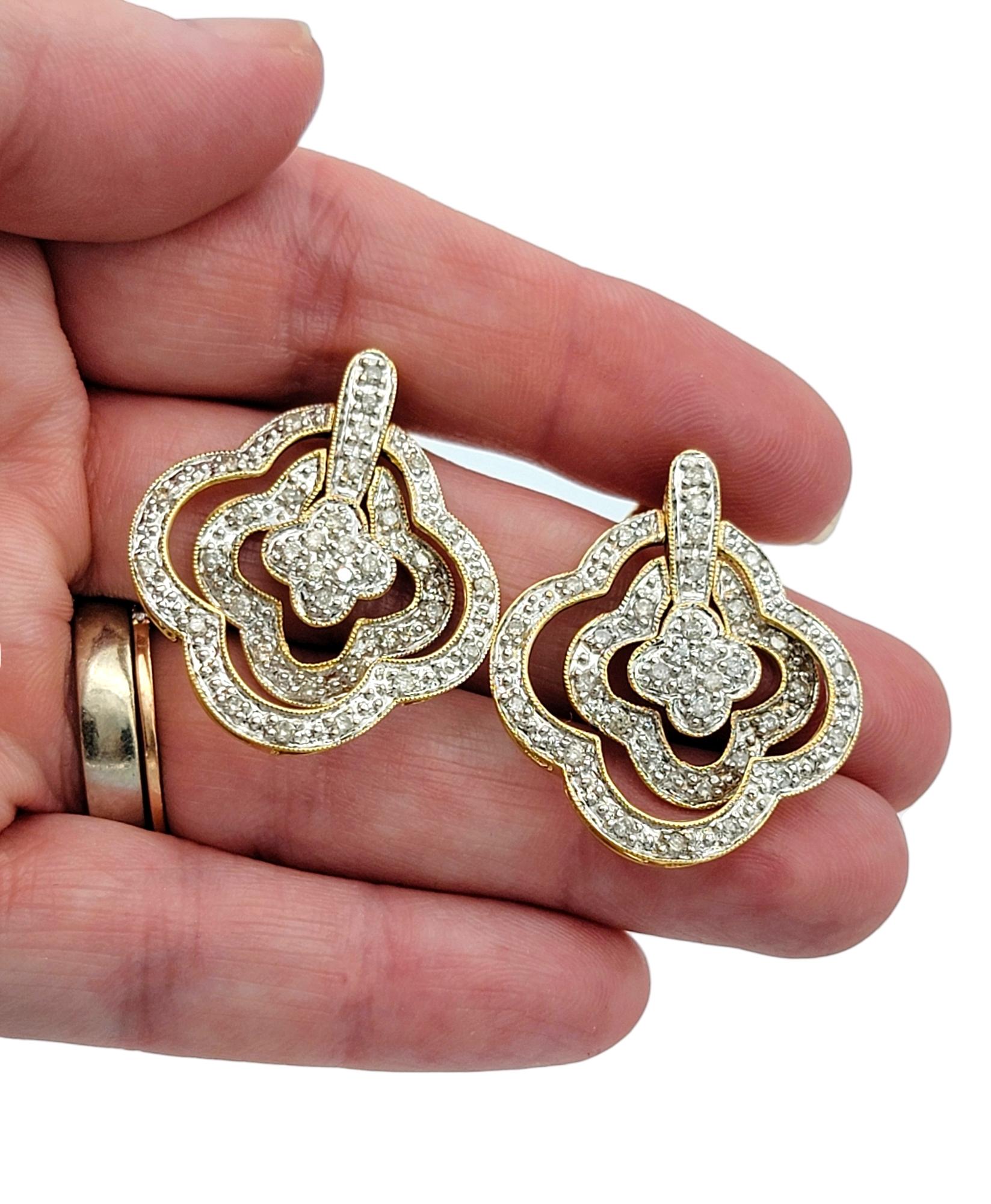 Women's Pavé Diamond Triple Quatrefoil Hinged Dangle Earrings in Polished Yellow Gold For Sale