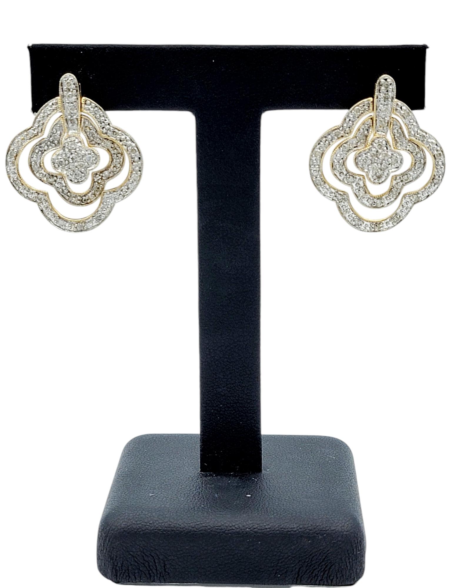 Pavé Diamond Triple Quatrefoil Hinged Dangle Earrings in Polished Yellow Gold For Sale 1