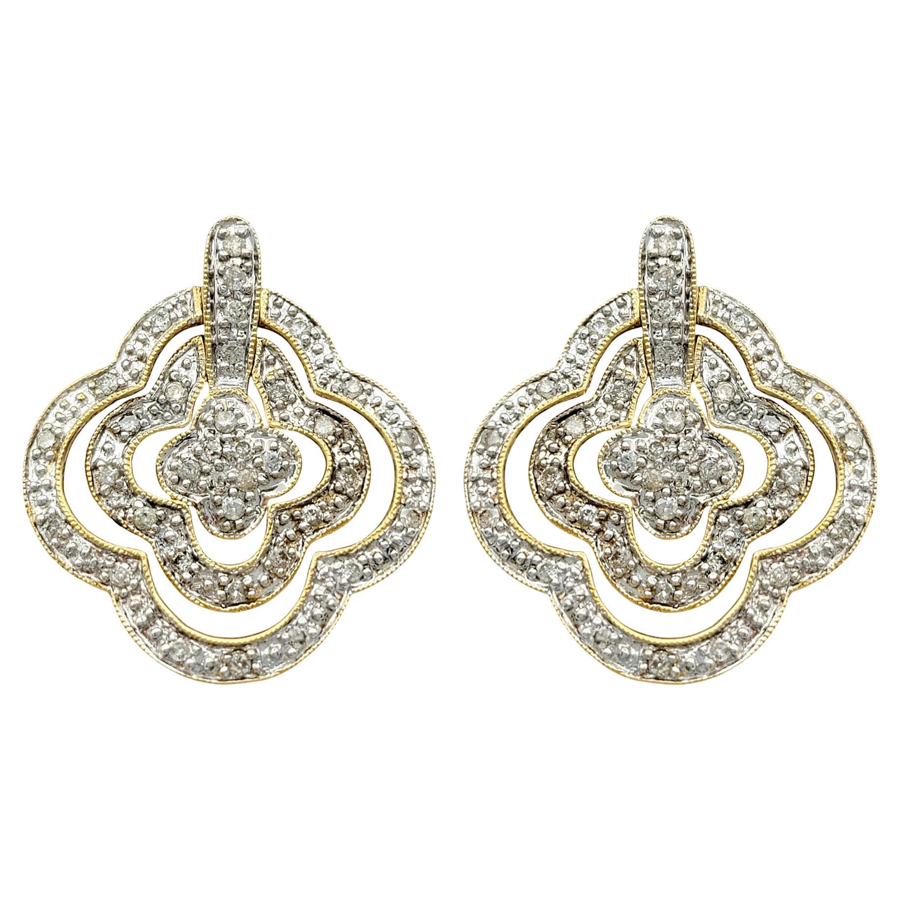 Pavé Diamond Triple Quatrefoil Hinged Dangle Earrings in Polished Yellow Gold For Sale