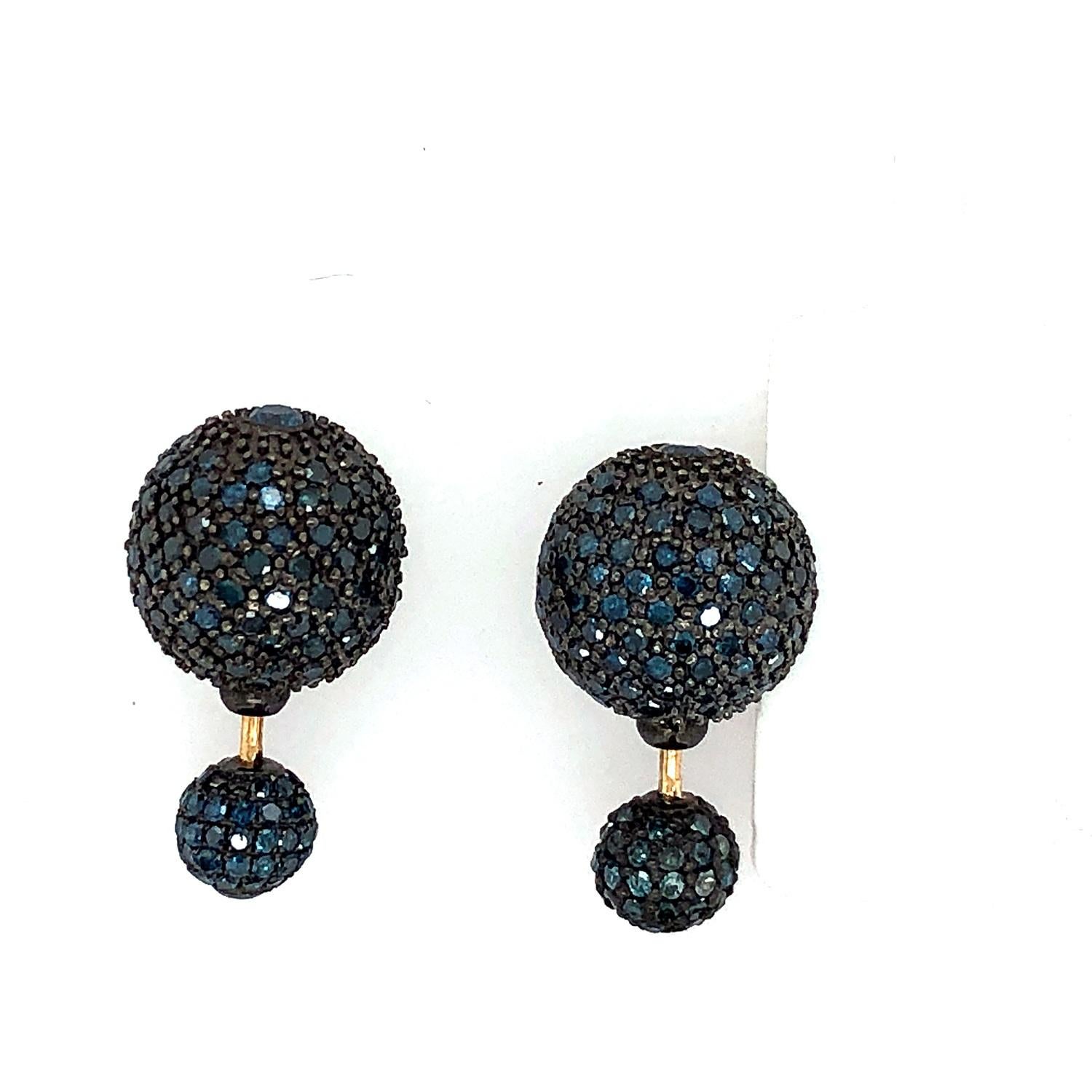 Artisan Blue Pave Diamond Tunnel Earrings Made in 14k Gold For Sale