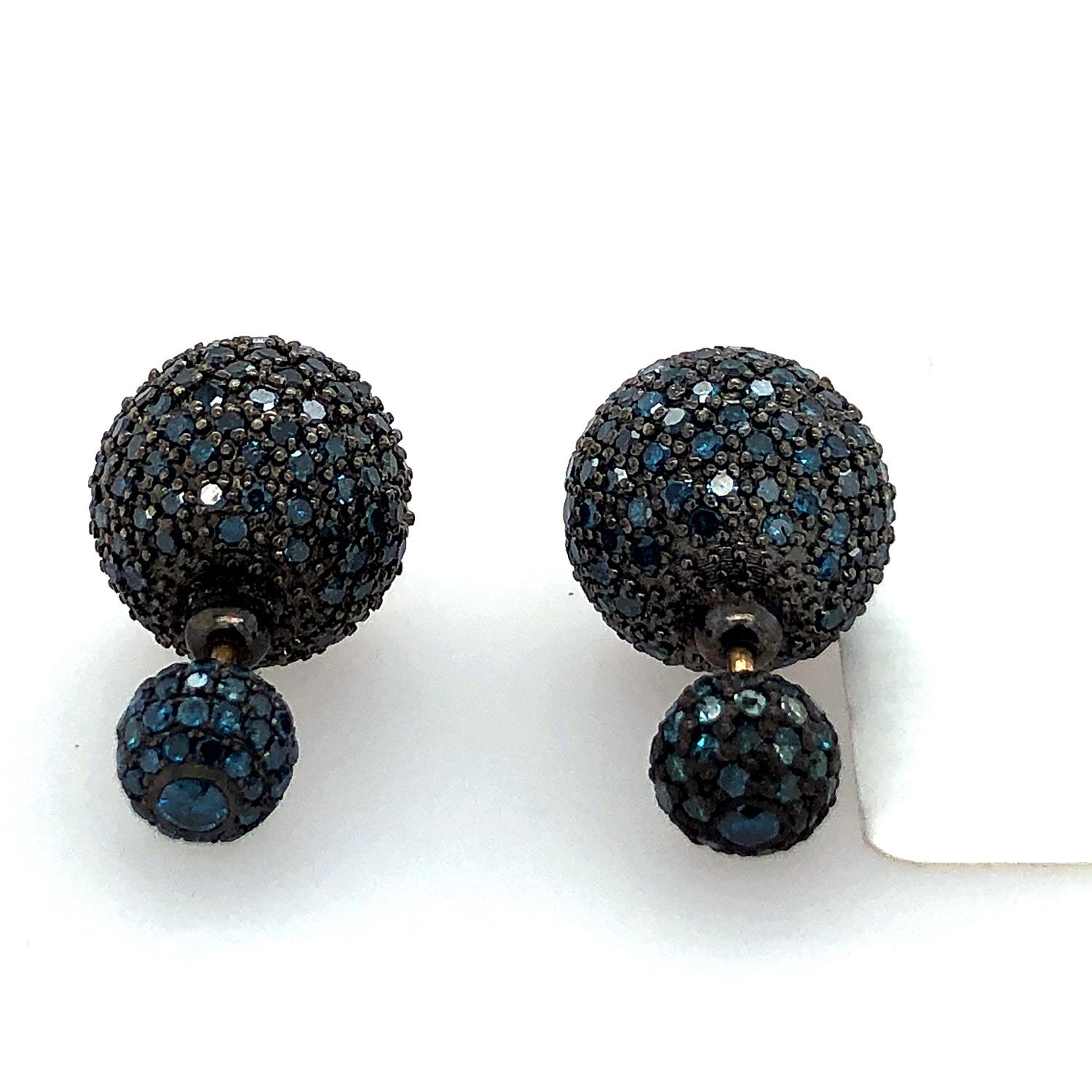 Mixed Cut Blue Pave Diamond Tunnel Earrings Made in 14k Gold For Sale
