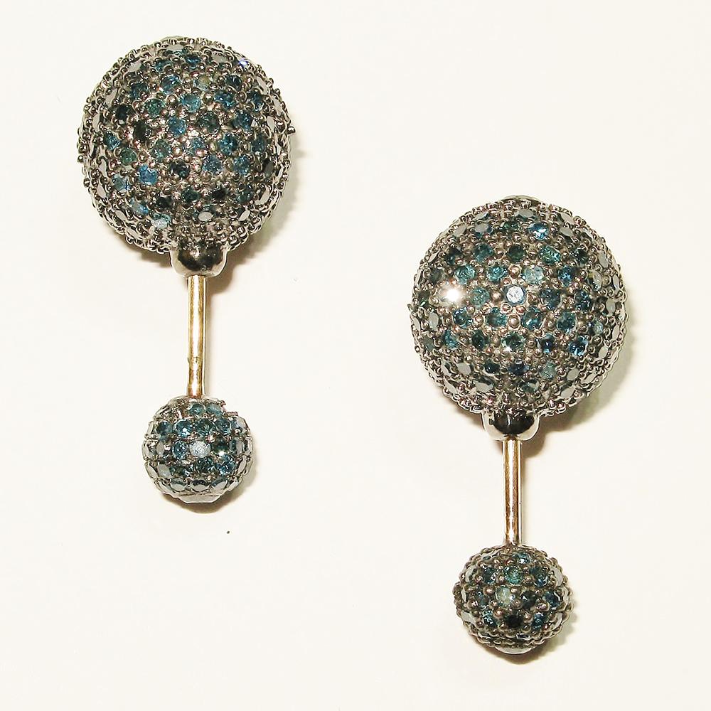Women's Blue Pave Diamond Tunnel Earrings Made in 14k Gold For Sale