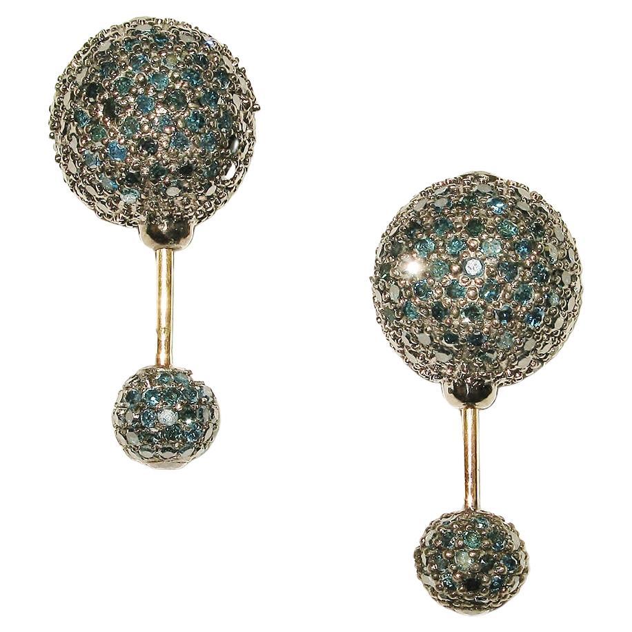 Blue Pave Diamond Tunnel Earrings Made in 14k Gold For Sale
