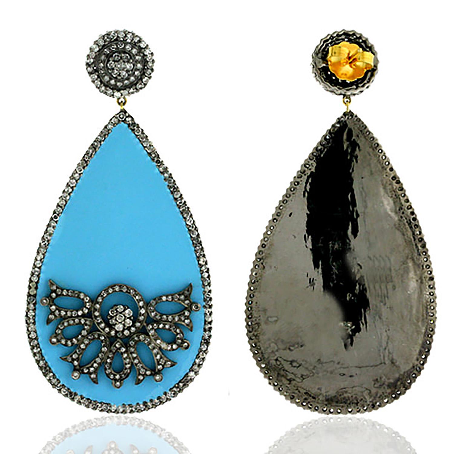 Art Déco Orecchini pendenti in oro e argento 18k con diamanti e turchese Pave in vendita