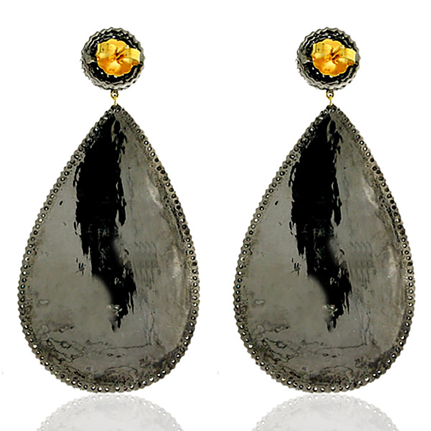 Taglio misto Orecchini pendenti in oro e argento 18k con diamanti e turchese Pave in vendita