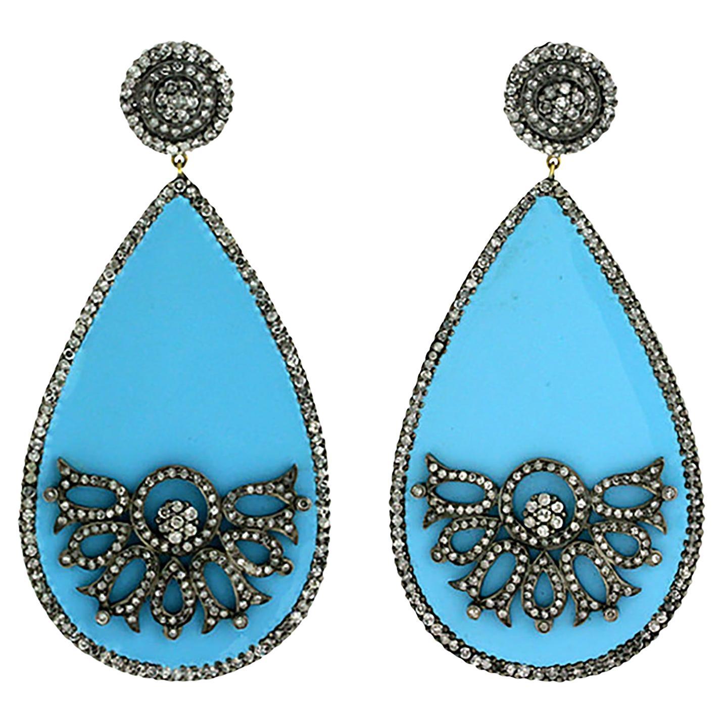 Pave Diamond Turquoise Dangle Earrings In 18k Gold & Silver