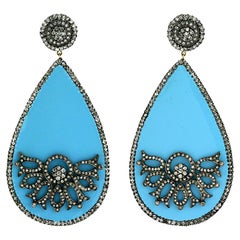 Pave Diamond Turquoise Dangle Earrings In 18k Gold & Silver