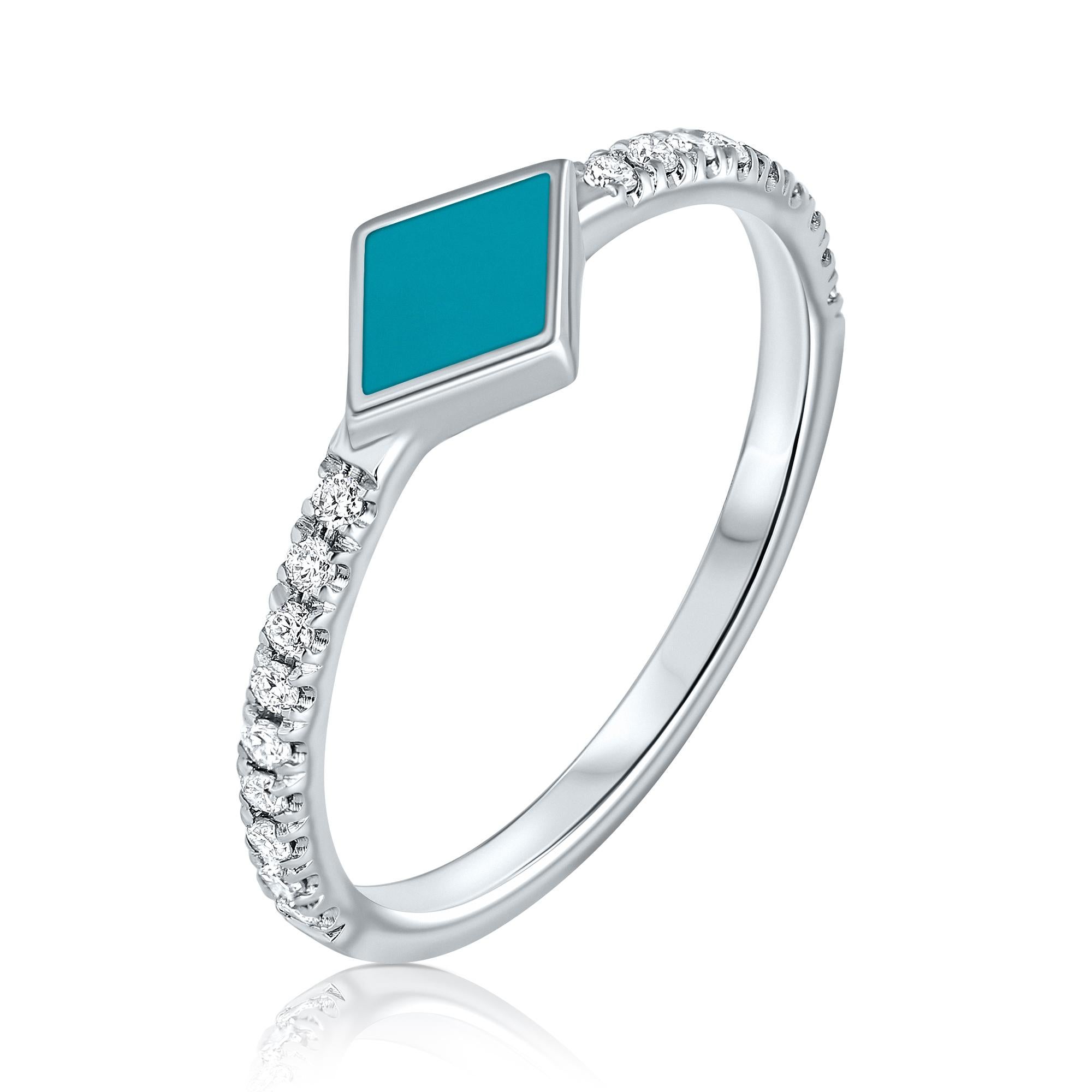 For Sale:  Pave Diamond Turquoise Enamel Rhombus Ring in 14K White Gold, Shlomit Rogel 2