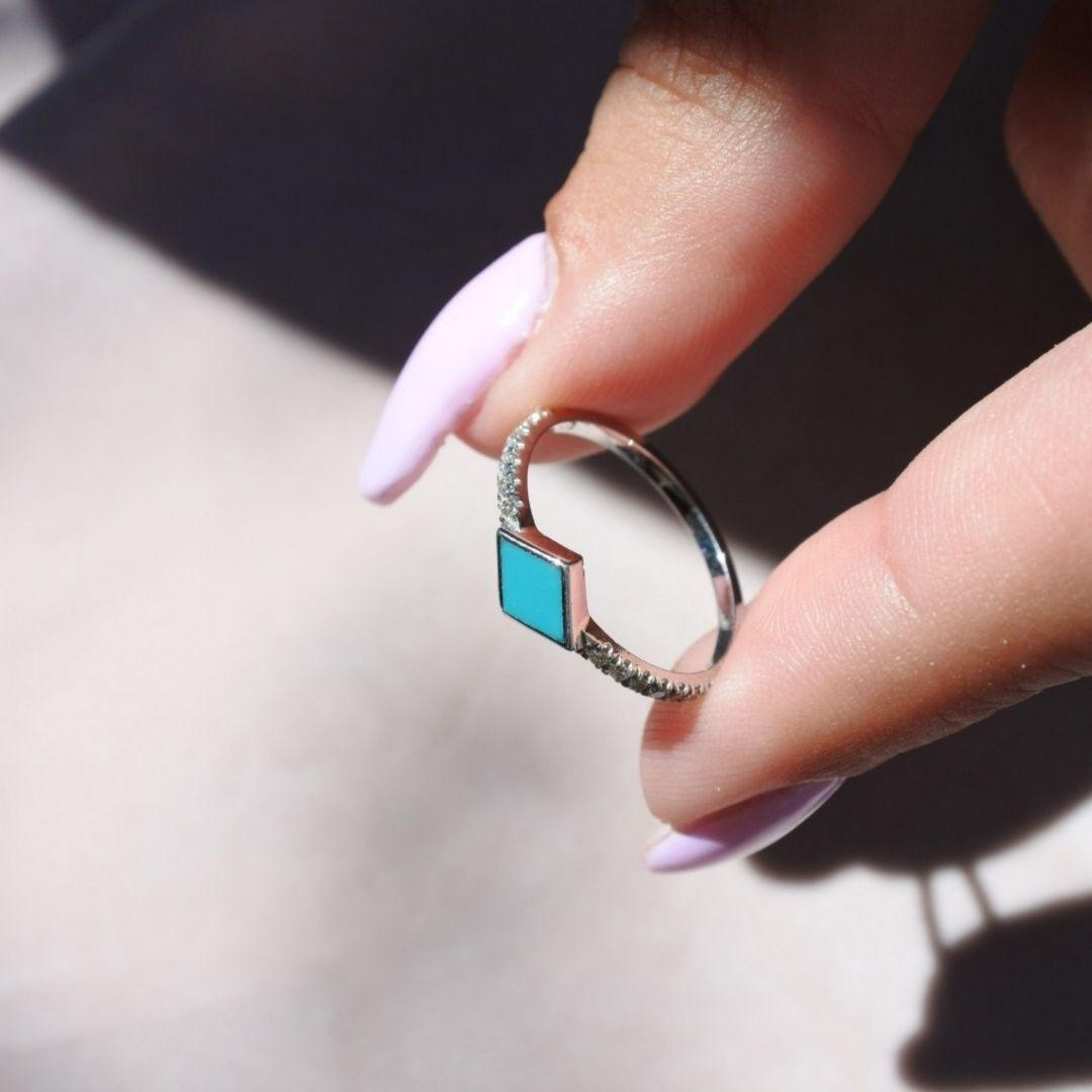 For Sale:  Pave Diamond Turquoise Enamel Rhombus Ring in 14K White Gold, Shlomit Rogel 7