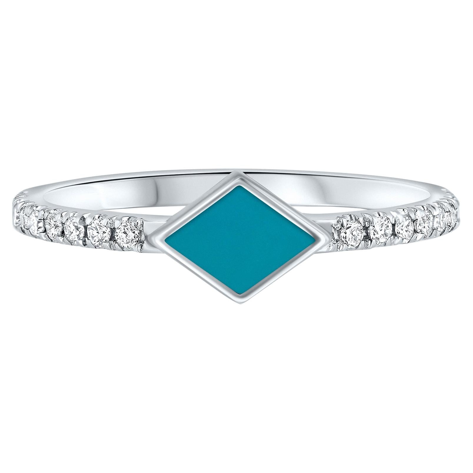 For Sale:  Pave Diamond Turquoise Enamel Rhombus Ring in 14K White Gold, Shlomit Rogel