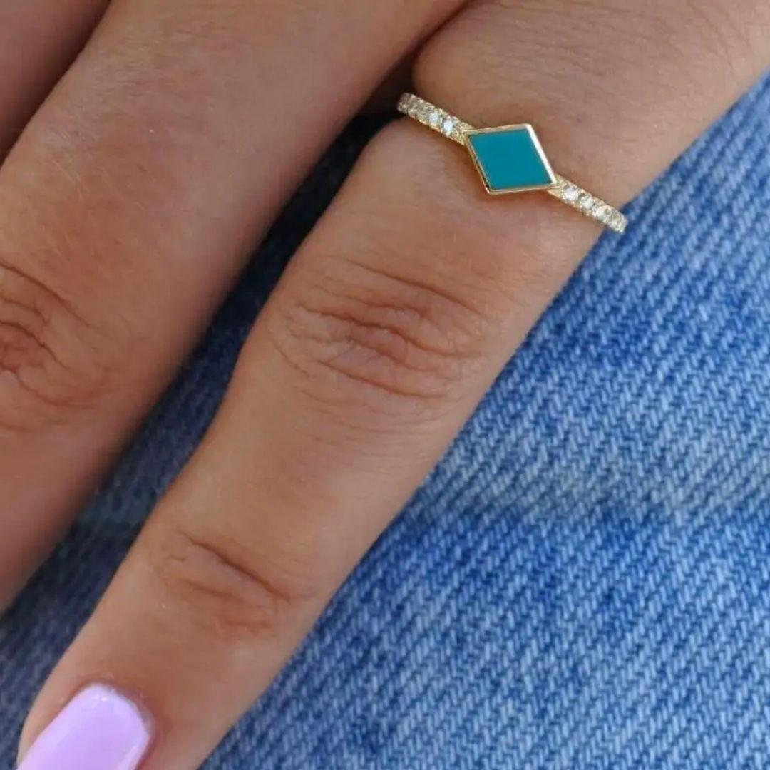 For Sale:  Pave Diamond Turquoise Enamel Rhombus Ring in 14K Yellow Gold, Shlomit Rogel 10