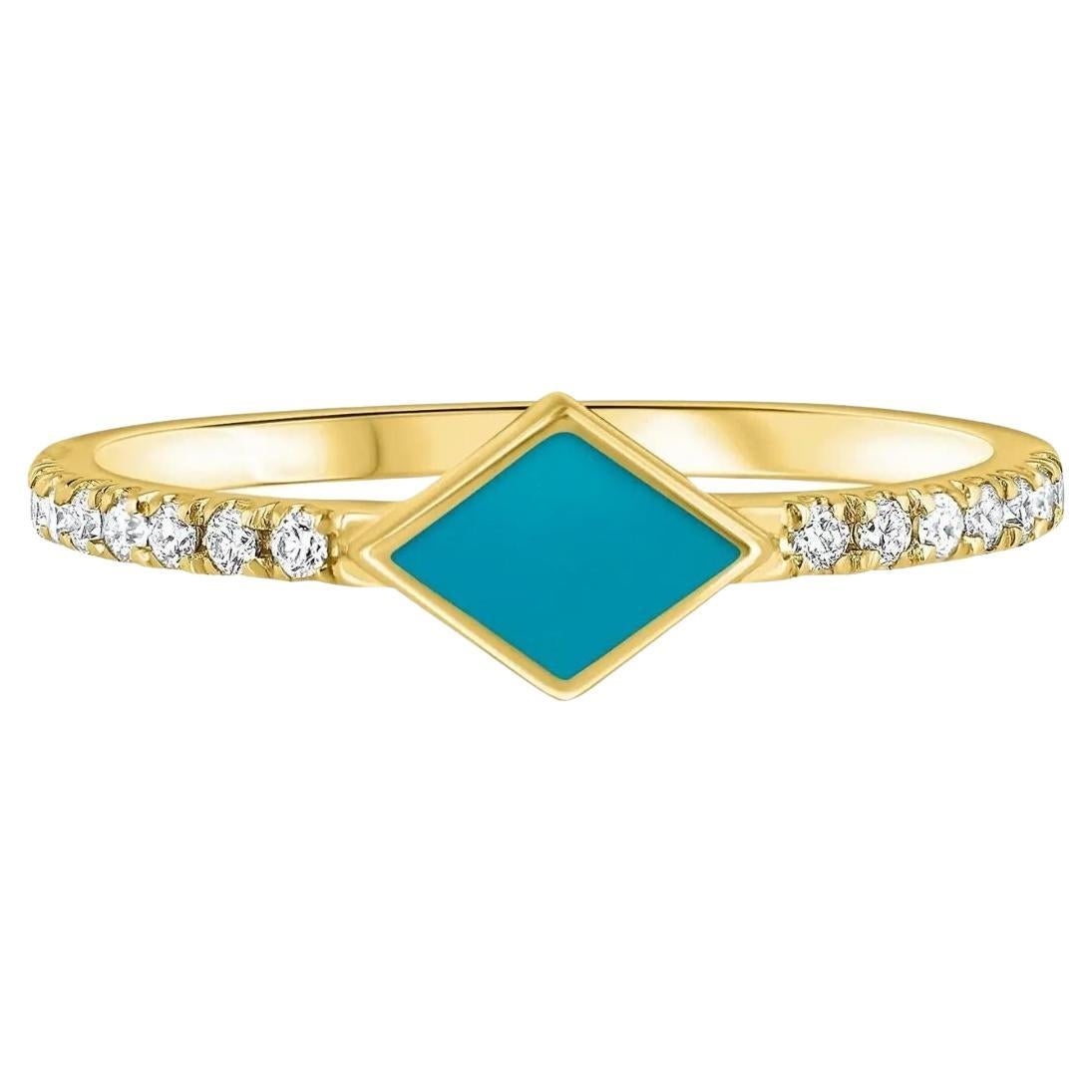 For Sale:  Pave Diamond Turquoise Enamel Rhombus Ring in 14K Yellow Gold, Shlomit Rogel