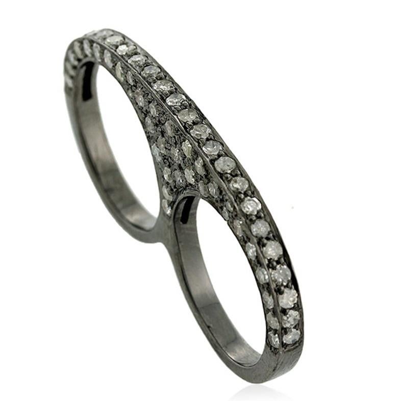 Contemporary Pave Diamond Two Finger Ring In Silver For Sale