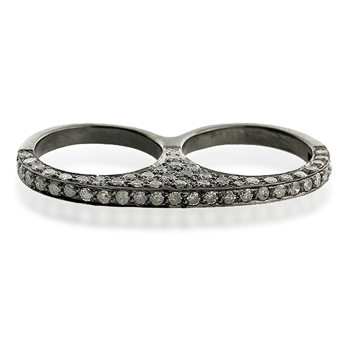 Mixed Cut Pave Diamond Two Finger Ring In Silver For Sale