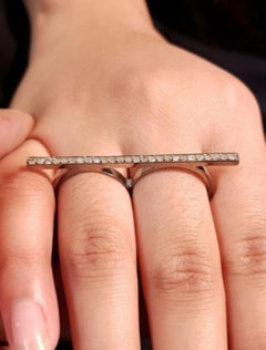 Pave Diamond Two Finger Ring Solid 925 Silver Handmade Fine Ring Jewelry Gift.