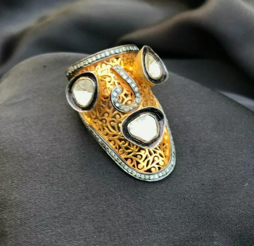 Round Cut Pave Diamond Victorian 14k Gold & Silver Rosecut Diamond Filigree Ring For Sale