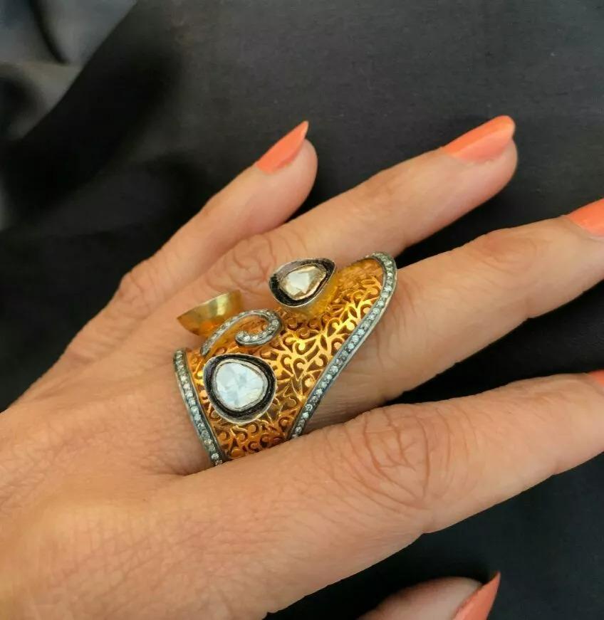 Pave Diamond Victorian 14k Gold & Silver Rosecut Diamond Filigree Ring In New Condition For Sale In Chicago, IL