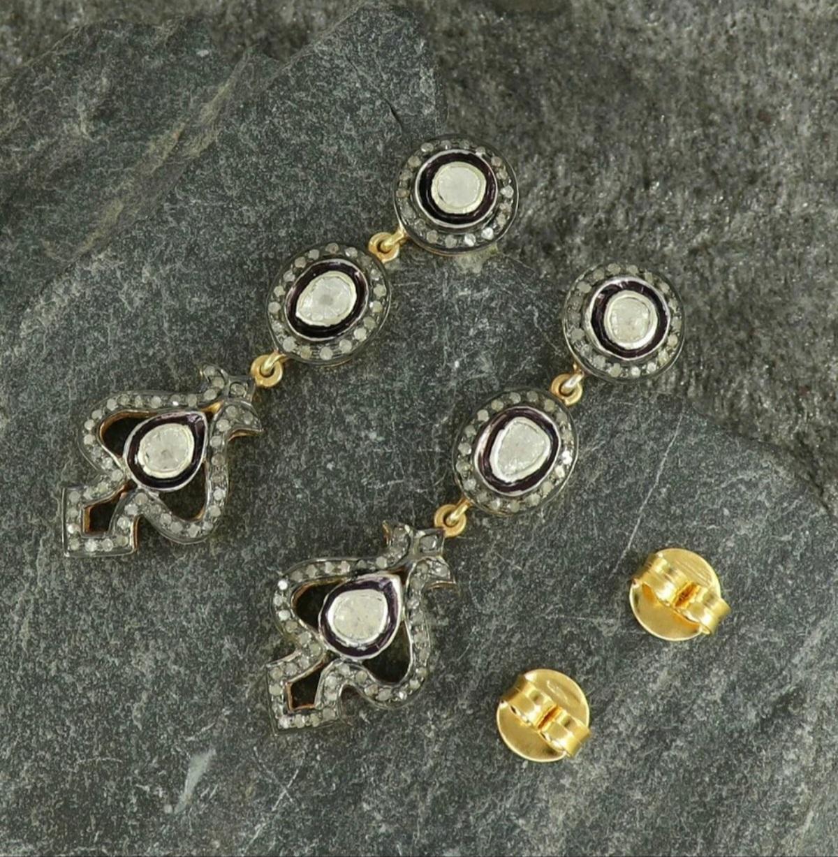Pave Diamond Victorian Earring 925 Silver Polki Diamond Earring Fine Jewelry. (Art déco) im Angebot