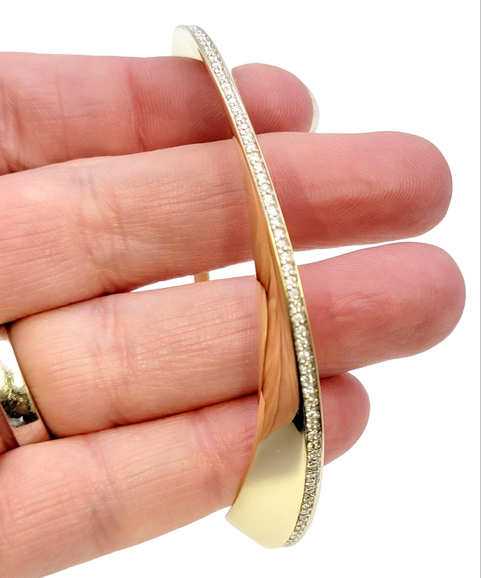 Pave Diamond Wavy Hinged Bangle Bracelet in 14 Karat Yellow Gold For Sale 5