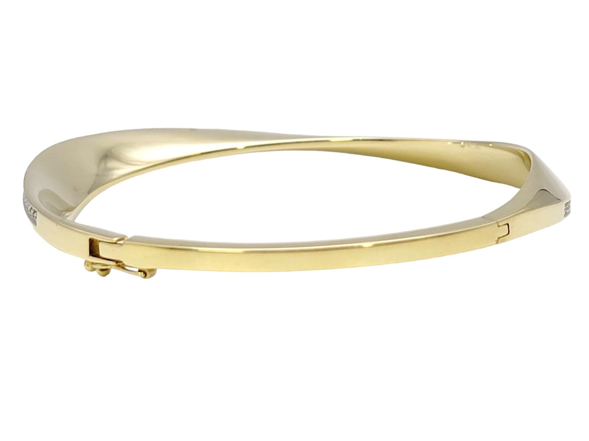 Round Cut Pave Diamond Wavy Hinged Bangle Bracelet in 14 Karat Yellow Gold For Sale