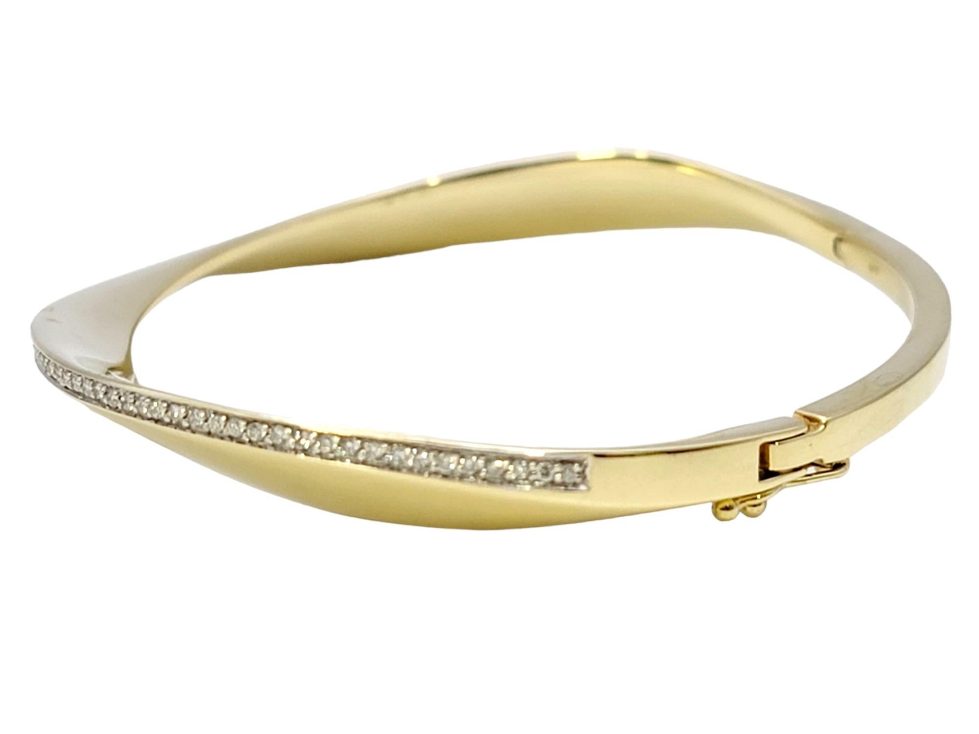 Women's Pave Diamond Wavy Hinged Bangle Bracelet in 14 Karat Yellow Gold For Sale