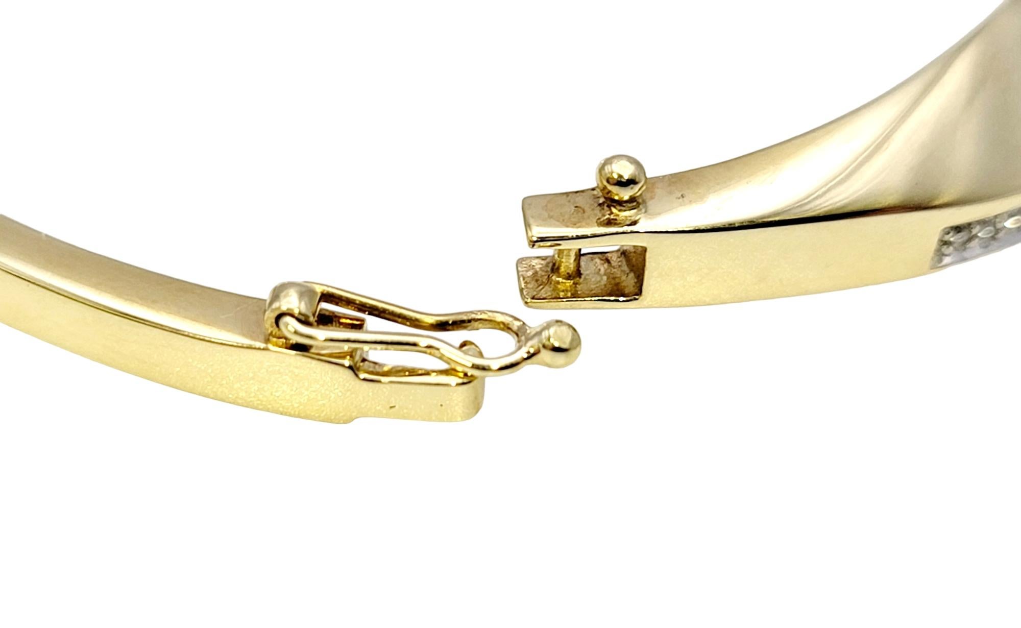 Pave Diamond Wavy Hinged Bangle Bracelet in 14 Karat Yellow Gold For Sale 1