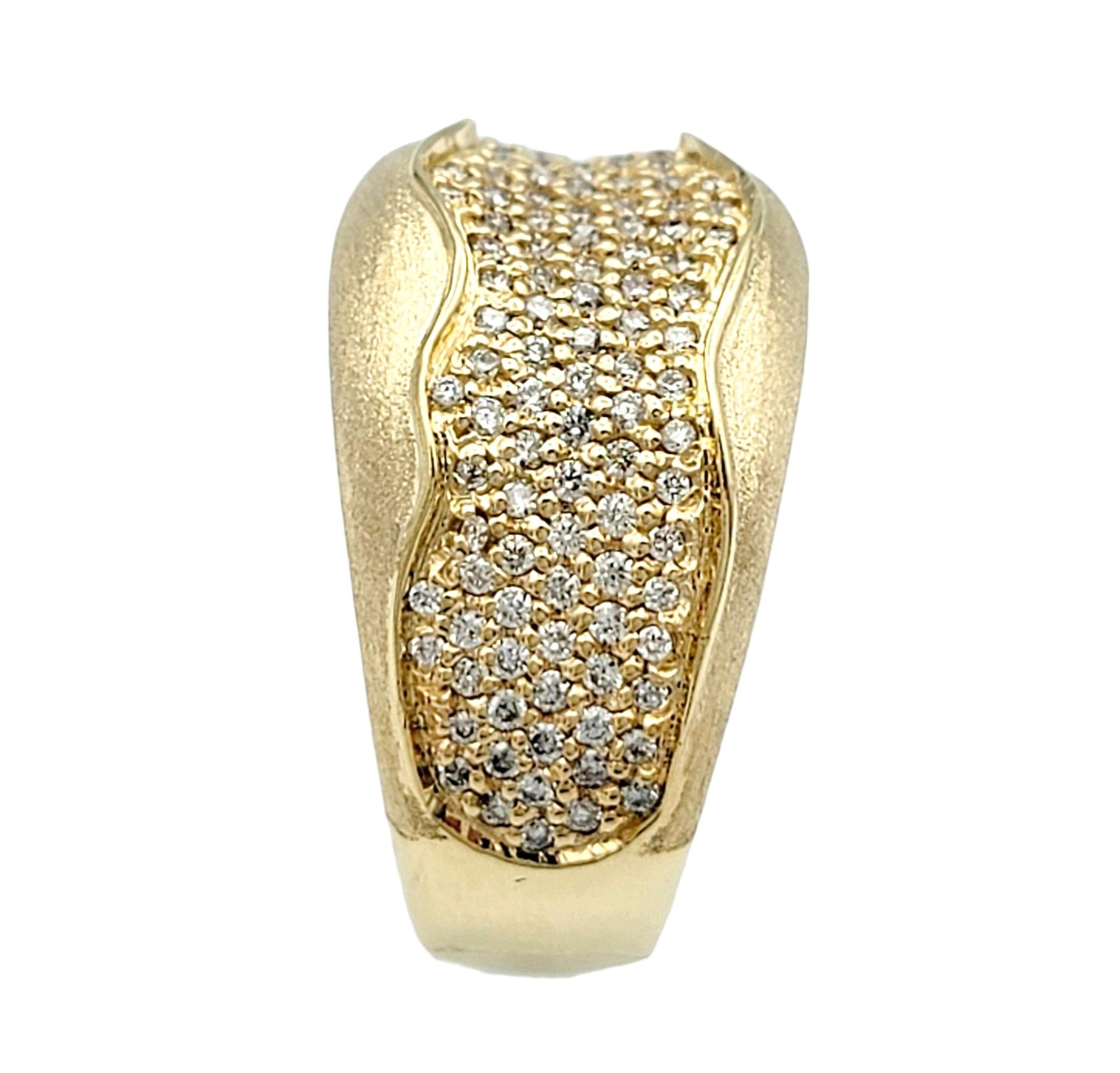 Contemporary Pavé Diamond Wavy Inlay Wide Band Ring Set in Brushed 14 Karat Yellow Gold For Sale