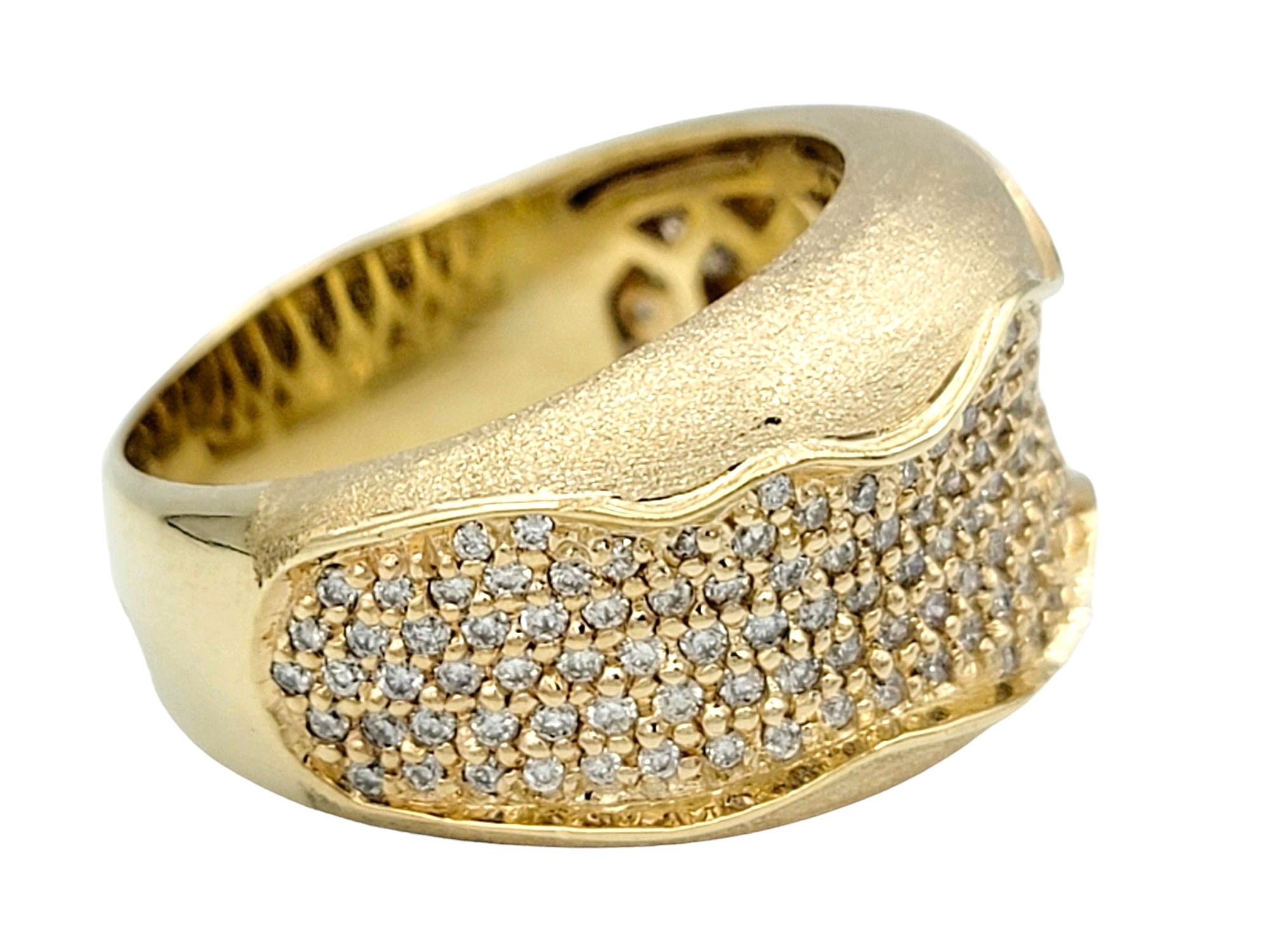 Round Cut Pavé Diamond Wavy Inlay Wide Band Ring Set in Brushed 14 Karat Yellow Gold For Sale