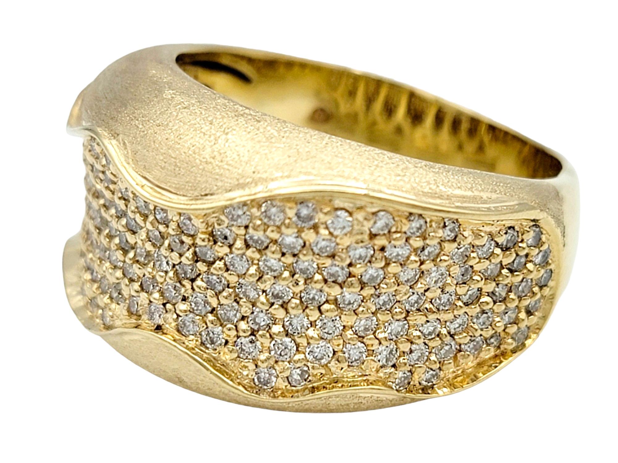 Pavé Diamond Wavy Inlay Wide Band Ring Set in Brushed 14 Karat Yellow Gold In Good Condition For Sale In Scottsdale, AZ