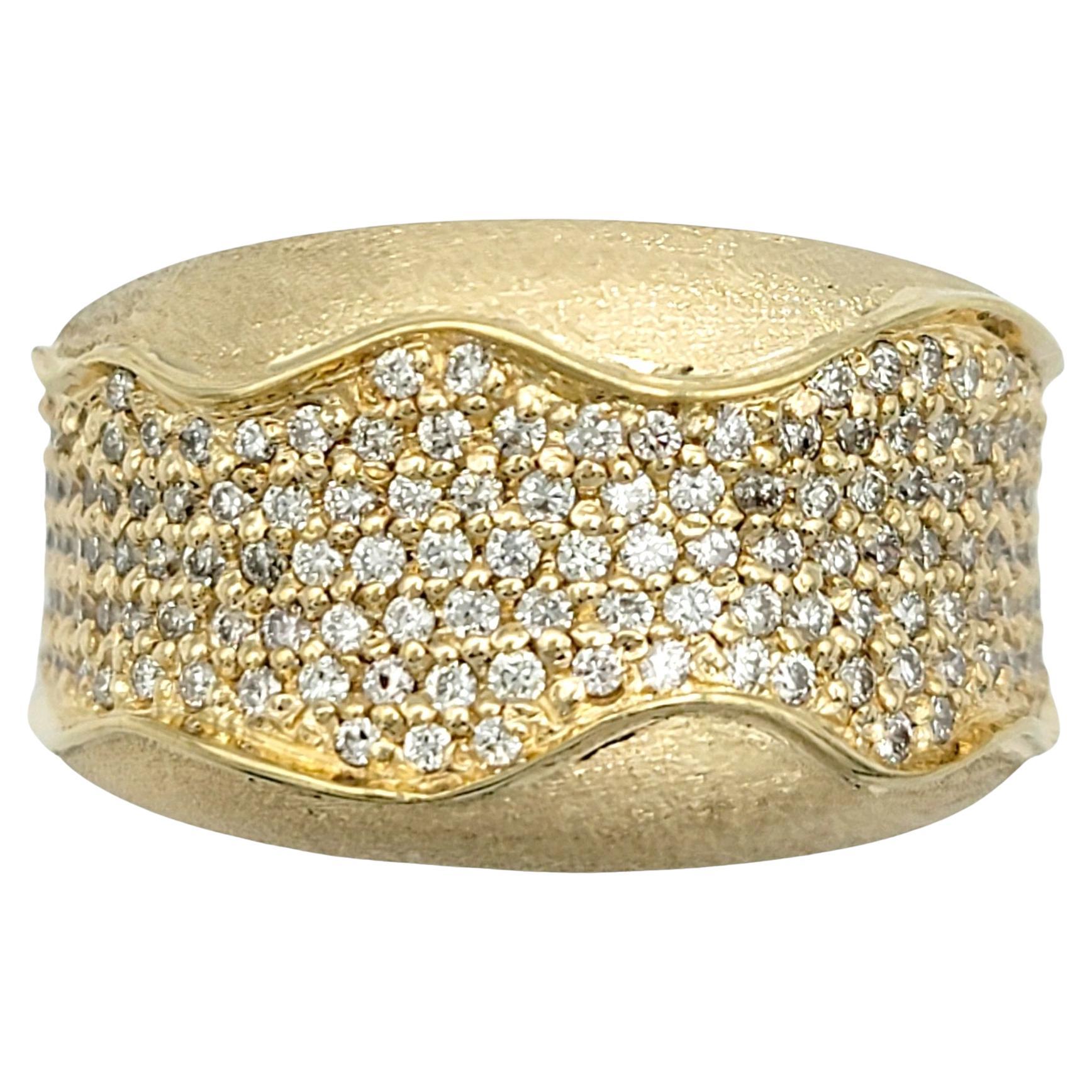 Pavé Diamond Wavy Inlay Wide Band Ring Set in Brushed 14 Karat Yellow Gold For Sale