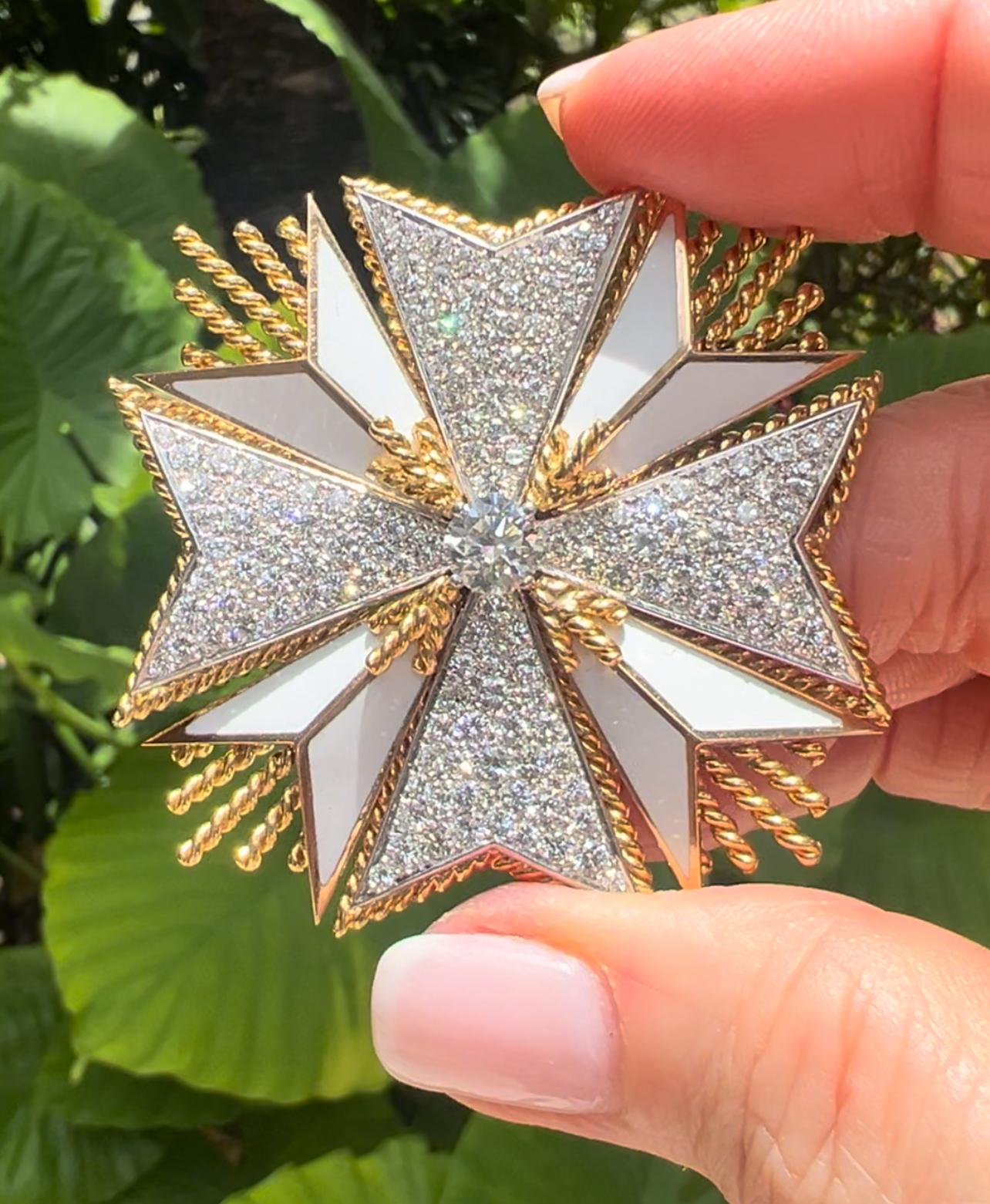 Pavé Diamond White Enamel Gold Maltese Cross Brooch Pendant For Sale 1