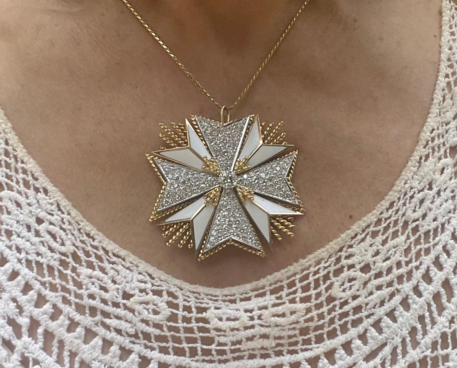 Pavé Diamond White Enamel Gold Maltese Cross Brooch Pendant For Sale 2
