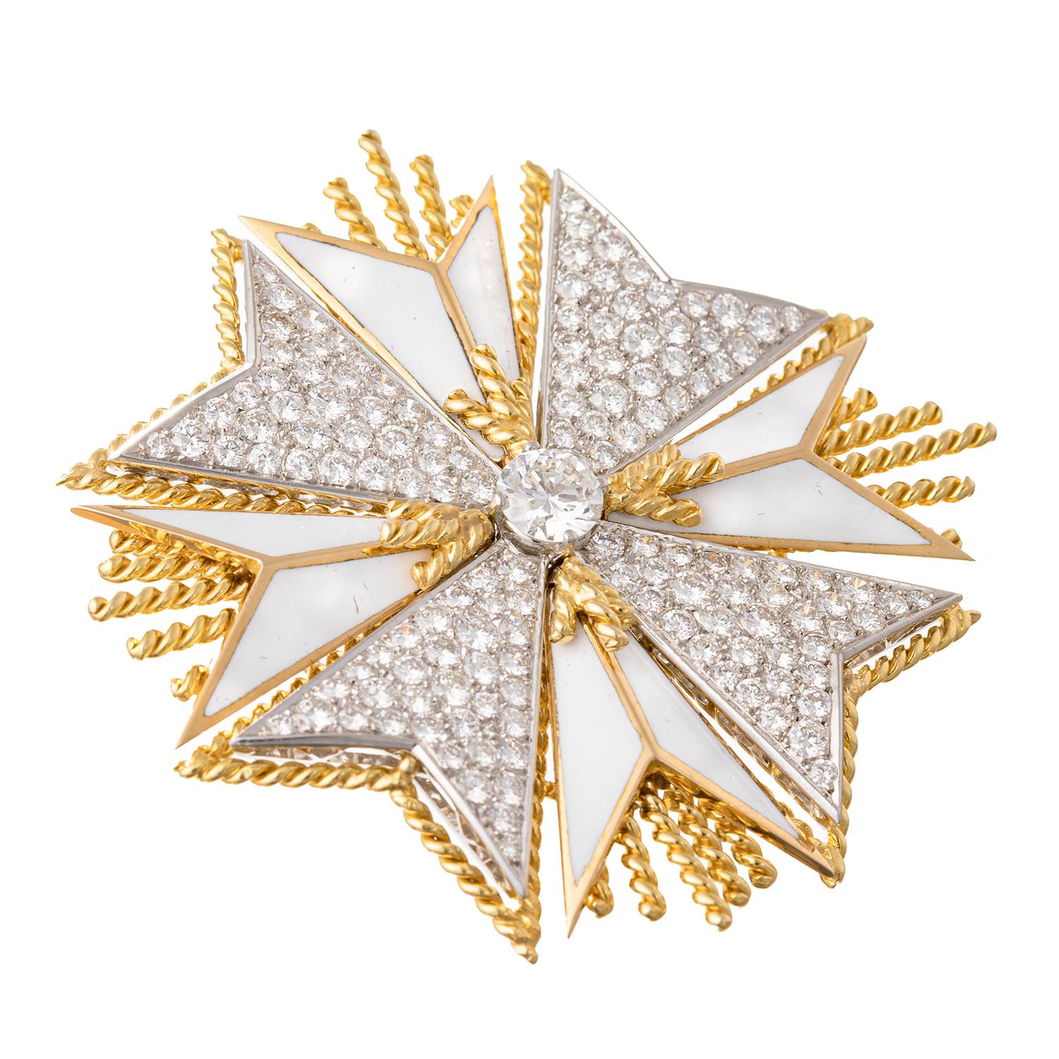 Brilliant Cut Pavé Diamond White Enamel Gold Maltese Cross Brooch Pendant For Sale