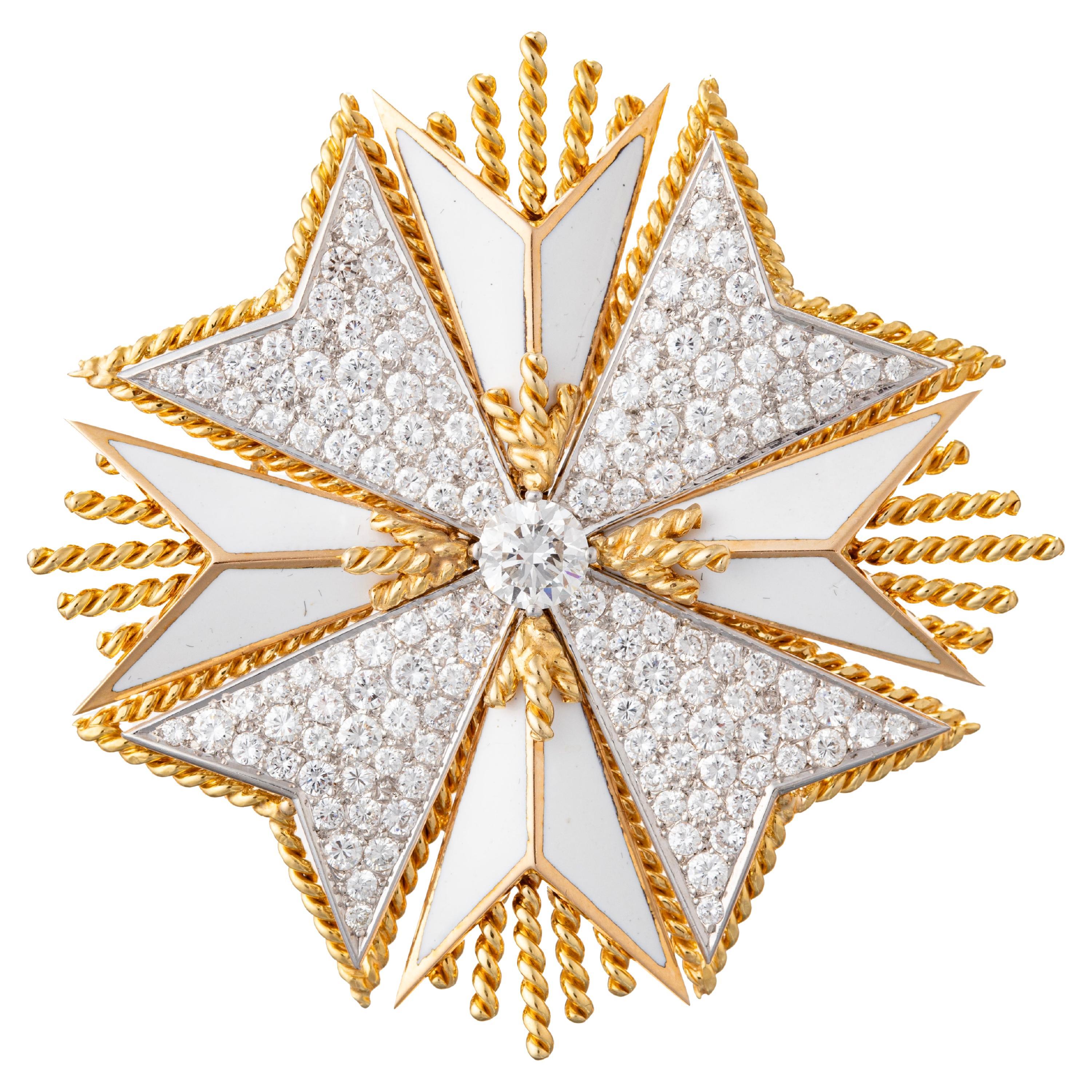 Pavé Diamond White Enamel Gold Maltese Cross Brooch Pendant