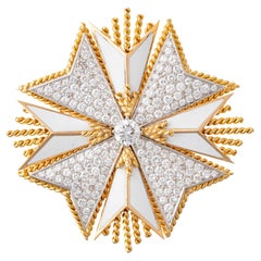Pavé Diamond White Enamel Gold Maltese Cross Brooch Pendant