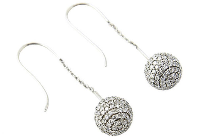 Pavé Diamond White Gold Ball Dangle Drop Earrings For Sale at 1stDibs